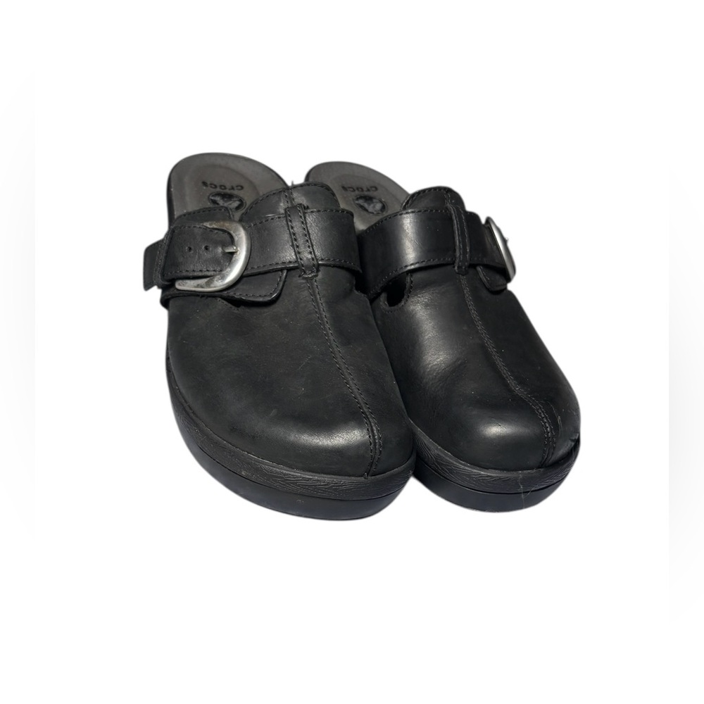 CROCS Women’s Black Slip-On Mules With Silver Buckle Size 8